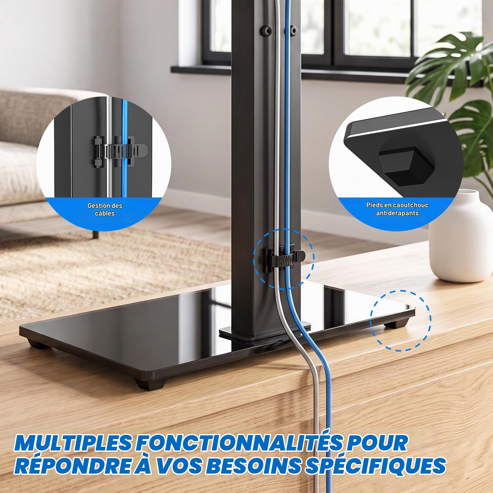 Support TV de Bureau 5Rcom pour Téléviseurs 32-70 Pouces, Capacité 40KG, Base en Verre Trempé Réglable en Hauteur, Support Universel pour Salon/Chambre, VESA Max 400x400mm