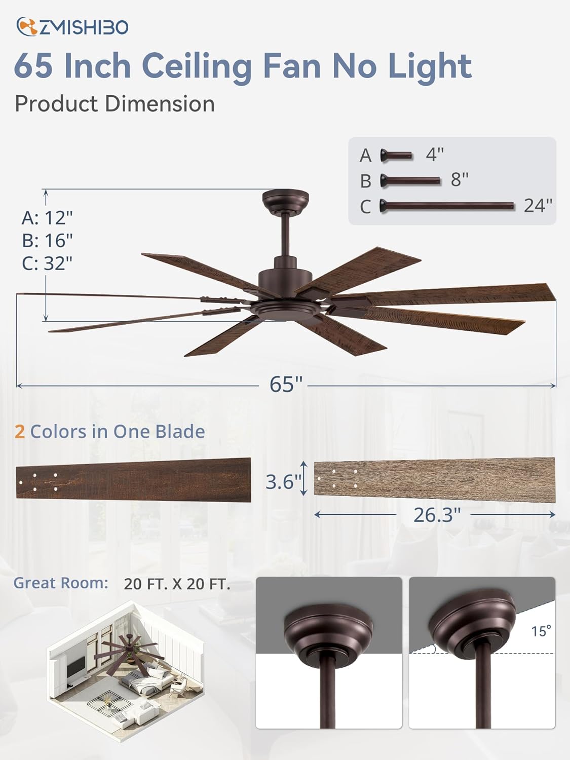 ZMISHIBO 65 Inch Oil Rubbed Bronze Ceiling Fans No Light with Remote, Indoor/Outdoor Farmhouse Ceiling Fan Without Light for Living Room Patio, 6 Speed Reversible Quiet DC Motor, Dual Finish Blades - Image 6