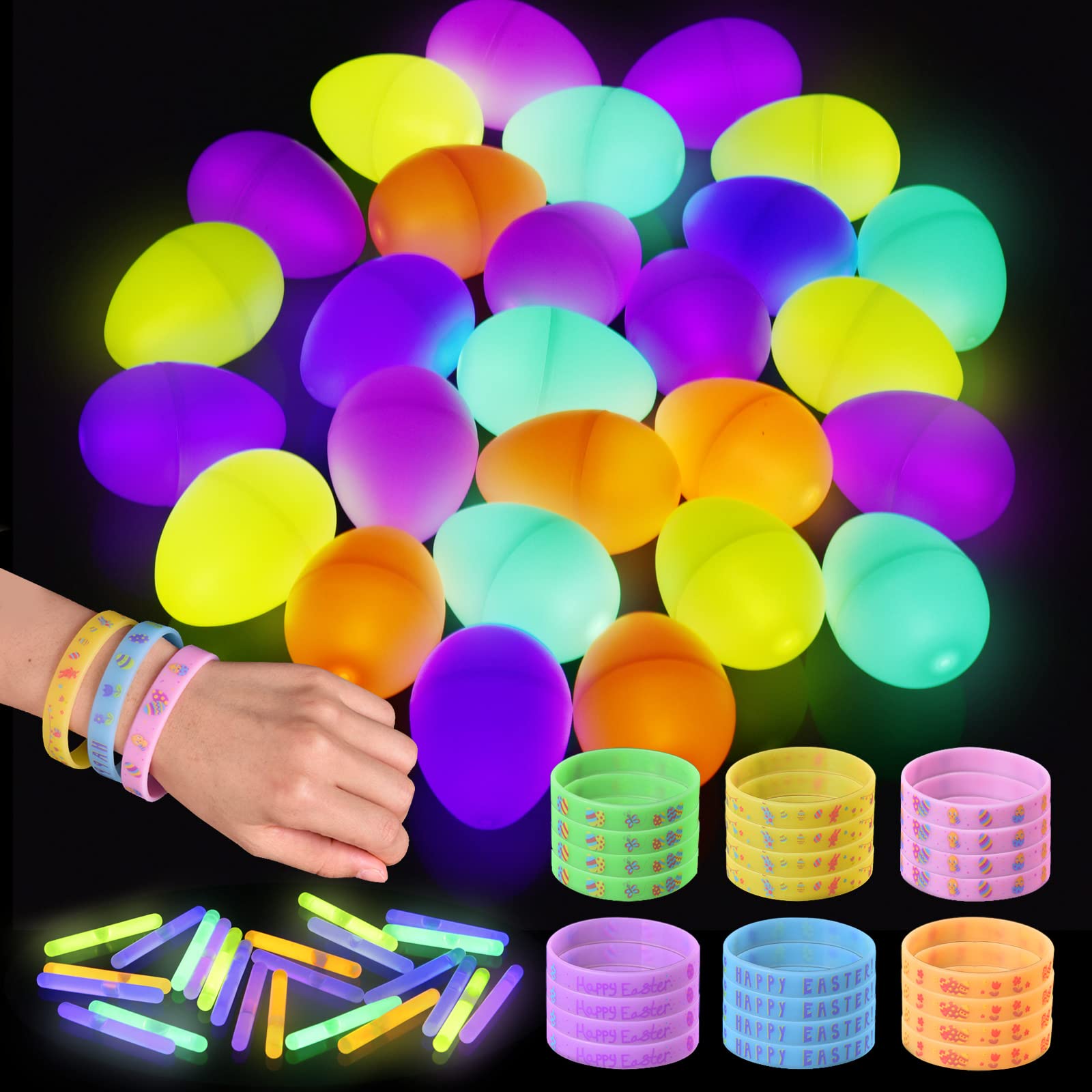 FUN LITTLE TOYS72PCS Easter Basket Stuffers 24 Mini Glow Sticks Bulk &24 Glow Easter Bracelet with 24 Colors Plastic Easter Eggs for Kids, Glow in The Dark Easter Eggs Hunt Supplies, Light Up Easter Eggs with Colorful Sticks & Rubber Bracelet for Kids Party Favors Decorations Supplies Classroom Prizes