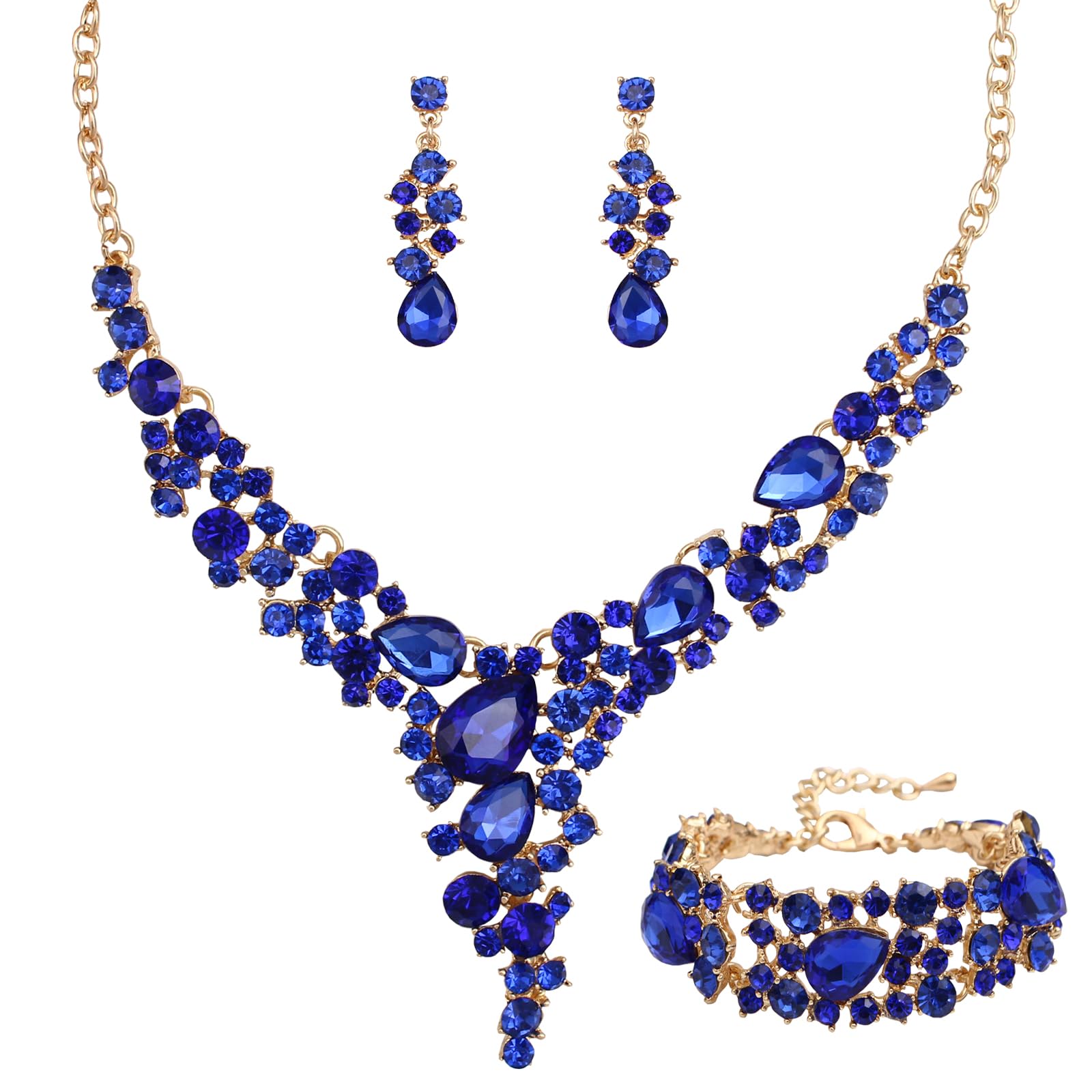 SFEWomen's Wedding Bridal Austrian Crystal Necklace Dangle Teardrop Earrings Link Bracelet Jewelry Set for Wedding Party