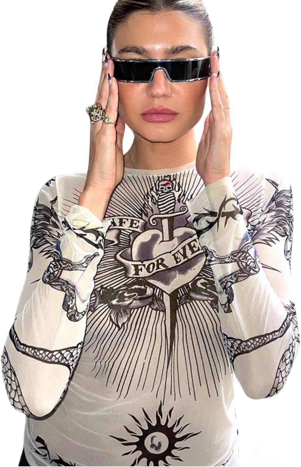 Women's Sexy Mesh See Through T Shirt Fashion Money Print Long Sleeve Crop Top Slim Tee Tops - Image 4