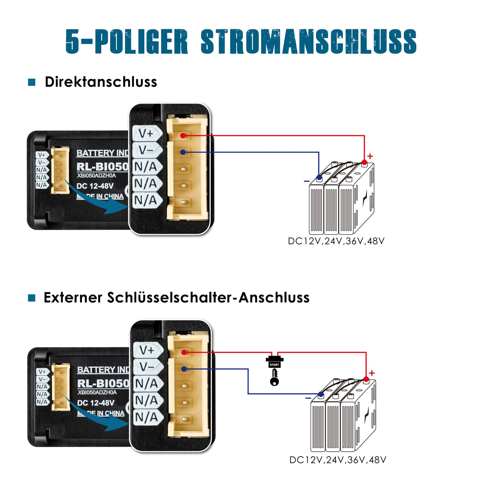 Runleader RL-BI050A Indicatore Livello Batteria, LCD Retroilluminato Bianco, DC 12V/24V/36V/48V per Piombo, LiFePO4, Litio, Golf Car, Camper, Muletto, Bici Elettrica & Generatore Solare