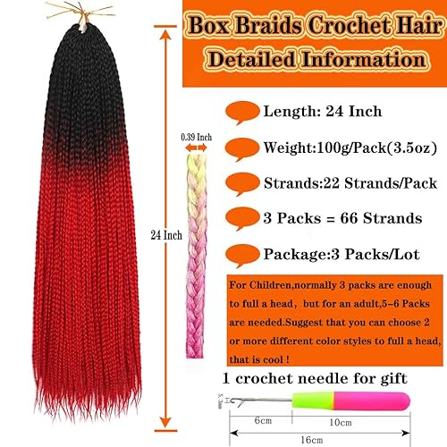 Miniatura 5 de Extensiones de cabello de ganchillo preenlazadas de 24 pulgadas, hechas a mano, 3 paquetes de extensiones de cabello trenzado para mujeres, 22