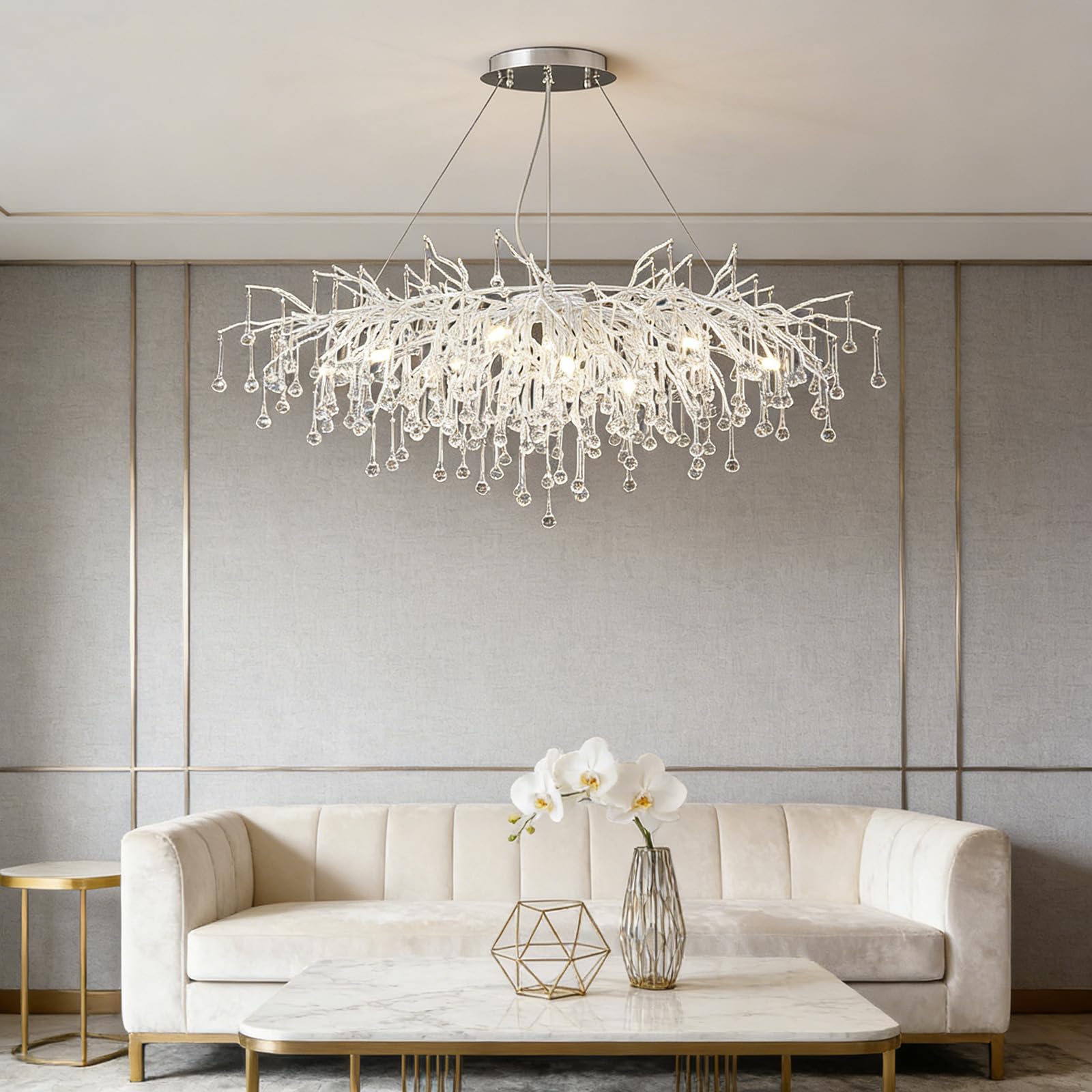 KXEcoLife Modern Tree Branch Crystal Chandelier Luxury Pendant Lighting Contemporary Large Rectangular Chandeliers for Dining Room Kitchen Bedroom Living Room,Silver L120cm