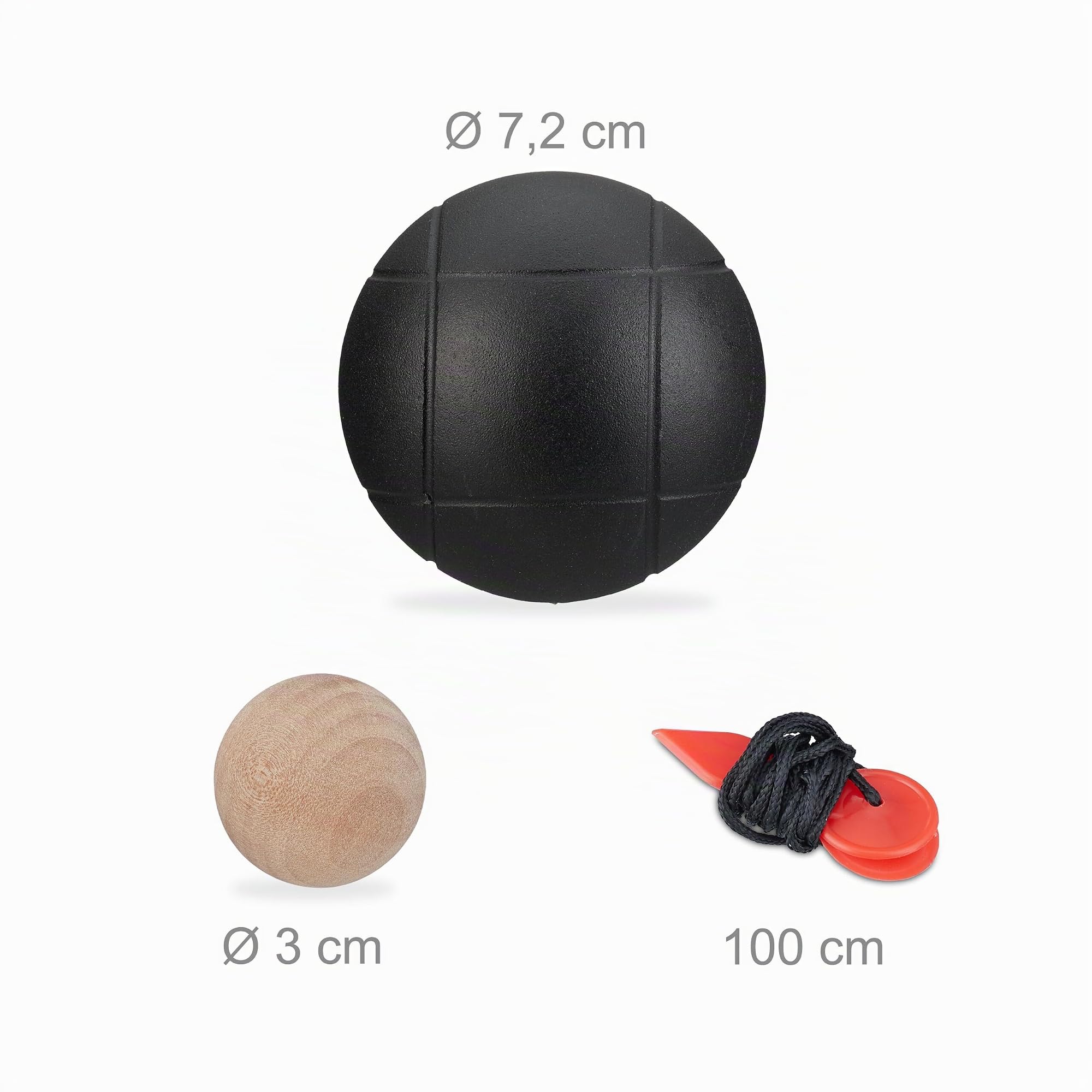 Relaxdays Boule de pétanque, Lot de 6 Boules métalliques, avec cochonnet et mesureur, Set en Acier et Nylon, Noire