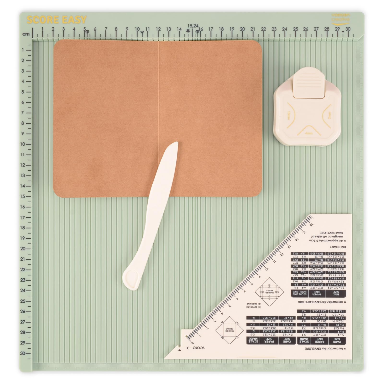Vaessen Creative Bastelset - Falzbrett Score Easy 30,5 x 30,5 cm und 3-in-1 Eckenstanzer 4, 7, 10 mm – Ideal für Karten Basteln, Scrapbooking und Geschenkboxen - Scrapbooking Zubehör