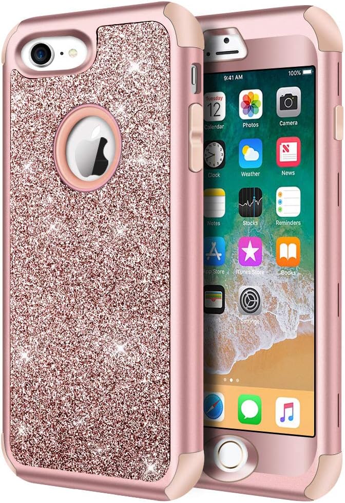 Hython Designed for iPhone 8, iPhone 7 Case, Heavy Duty Full-Body Defender Protective Case Bling Glitter Sparkle Hard Shell Hybrid Shockproof Rubber Bumper Cover, Rose Gold