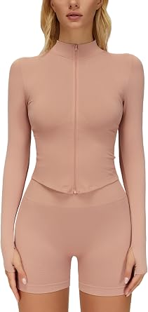 Yknktstc Women Workout Jacket Full Zip Athletic Tops Cropped Shirt with Thumbholes Quick Dry Running Yoga Casual Wear
