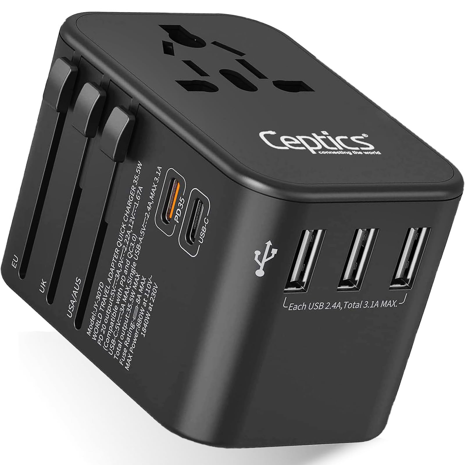 Ceptics Universal Charger Adapter, 35W 6 in 1 International Travel Adapter, Universal Plug Socket with 10 Years Warranty, PD/QC 3.0, 1x USB-C, 3 USB Fast Charging, Worldwide Travel Adapters.(2 Pack)-image-10