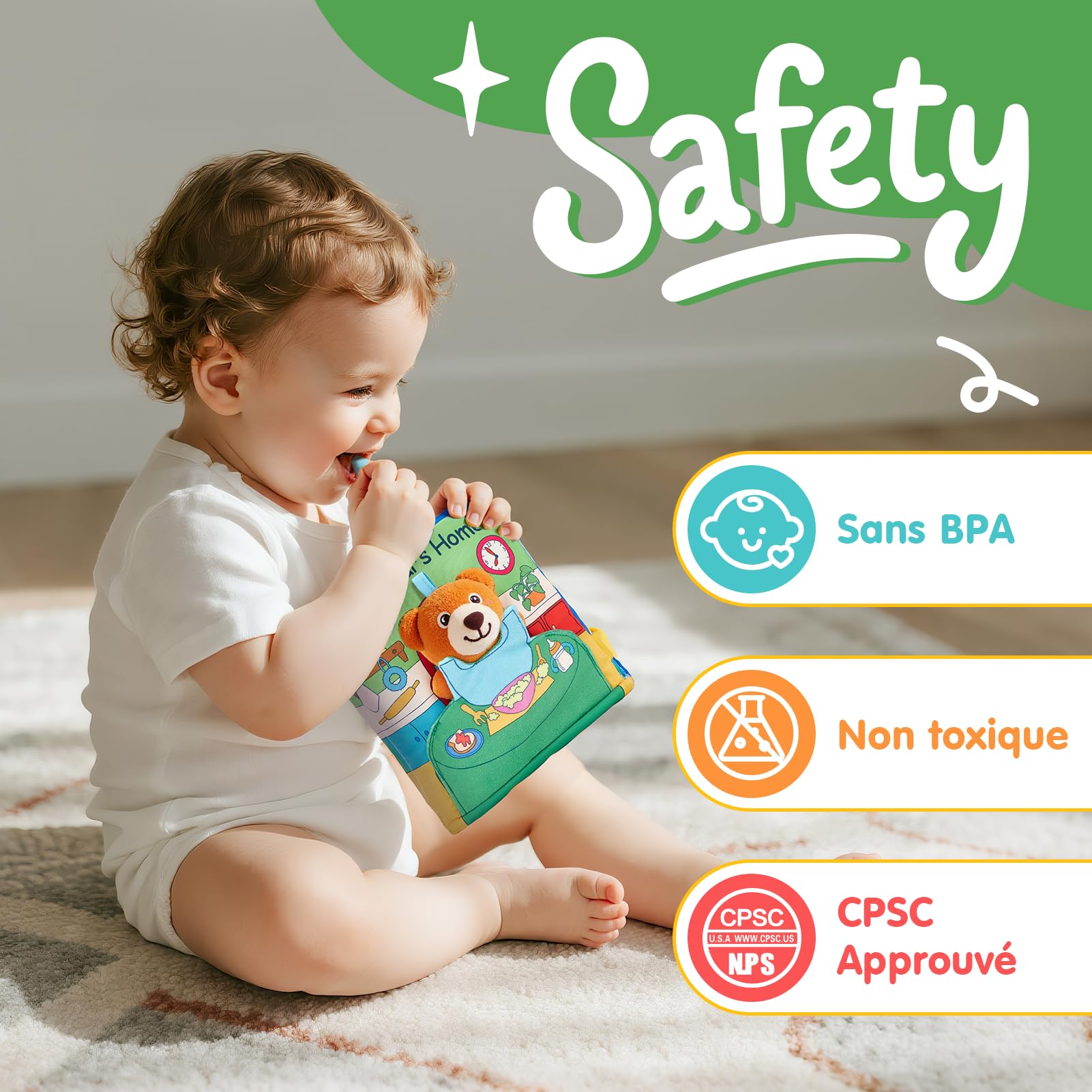hahaland Livre Tissu Bebe Eveil 1 an - Livres activite sensoriel tactiles Bebes, Jouets Tissu Temps sur Ventre de 6 9 12 18 Mois, Livre interactif bébés 6-12 Mois, Cadeau garçon Fille Enfant 1 an