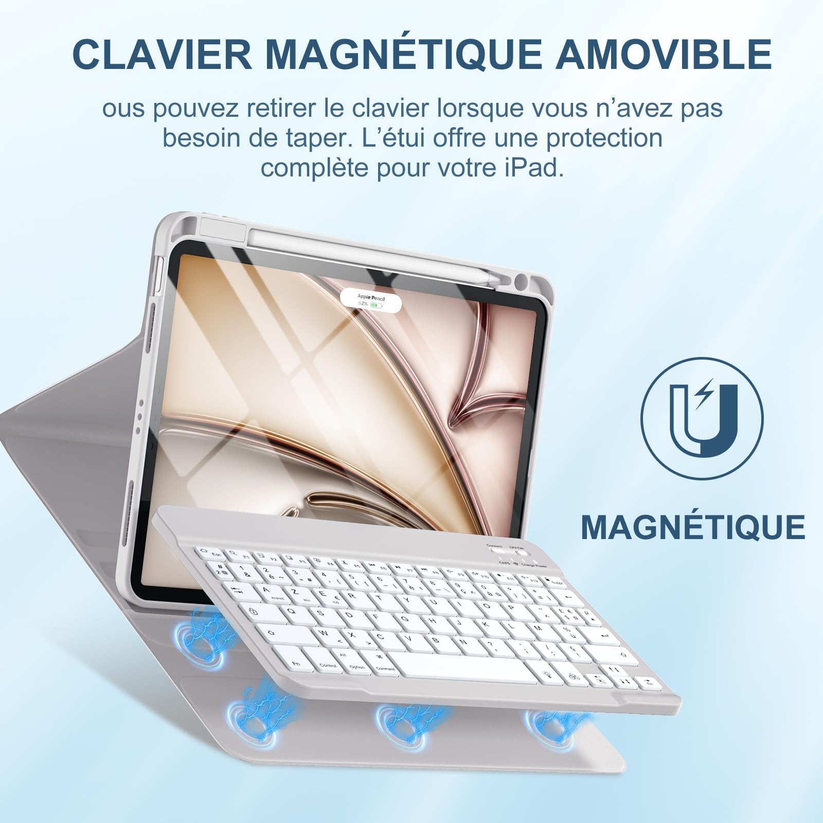 Vobafe Coque Clavier iPad Air 11 Pouces M4 2026/M3 2025/M2 2024, Air 10.9" 5ème 2022/4ème 2020, Etui Détachable Keyboard 7 Couleurs Rétroéclairées avec Porte Crayon, AZERTY Layout, Gris Clair