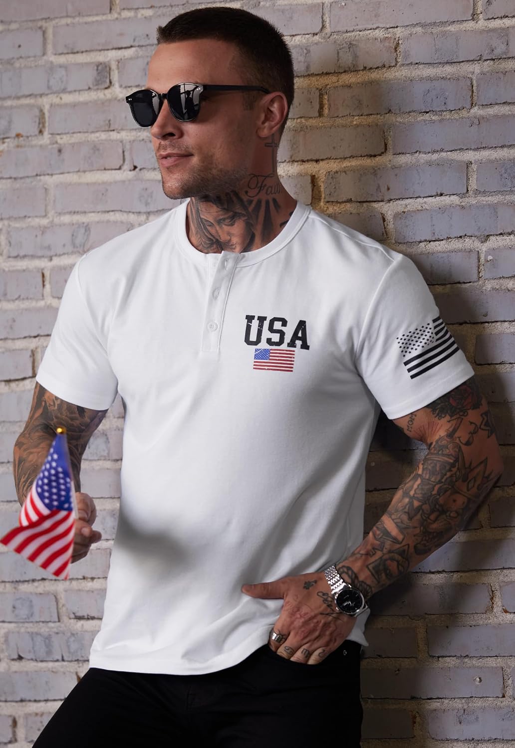 Men's Patriotic Henley Shirts Muscle Distressed American Flag 1776 Vintage T-Shirts (S-3XL)