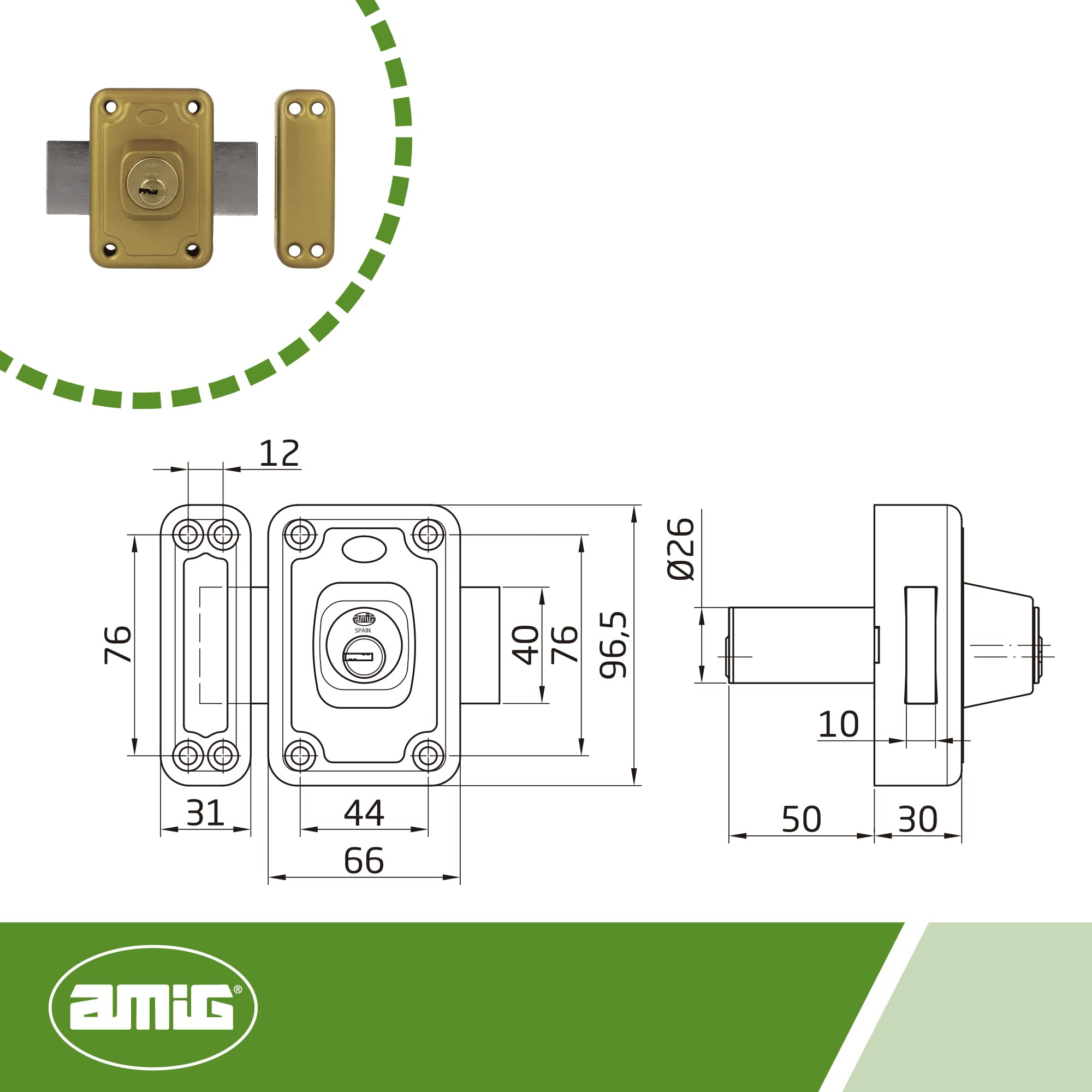 Image secondaire de Verrou de sécurité Amig pour portes en bois - Modèle 81 avec levier doré
