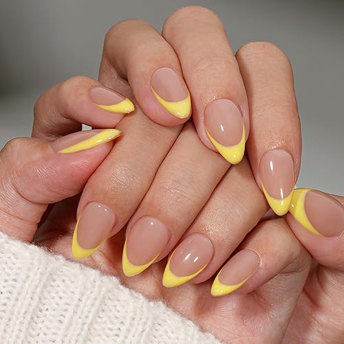 KQueenest Yellow French Tip Press On Nails Short Almond, 30