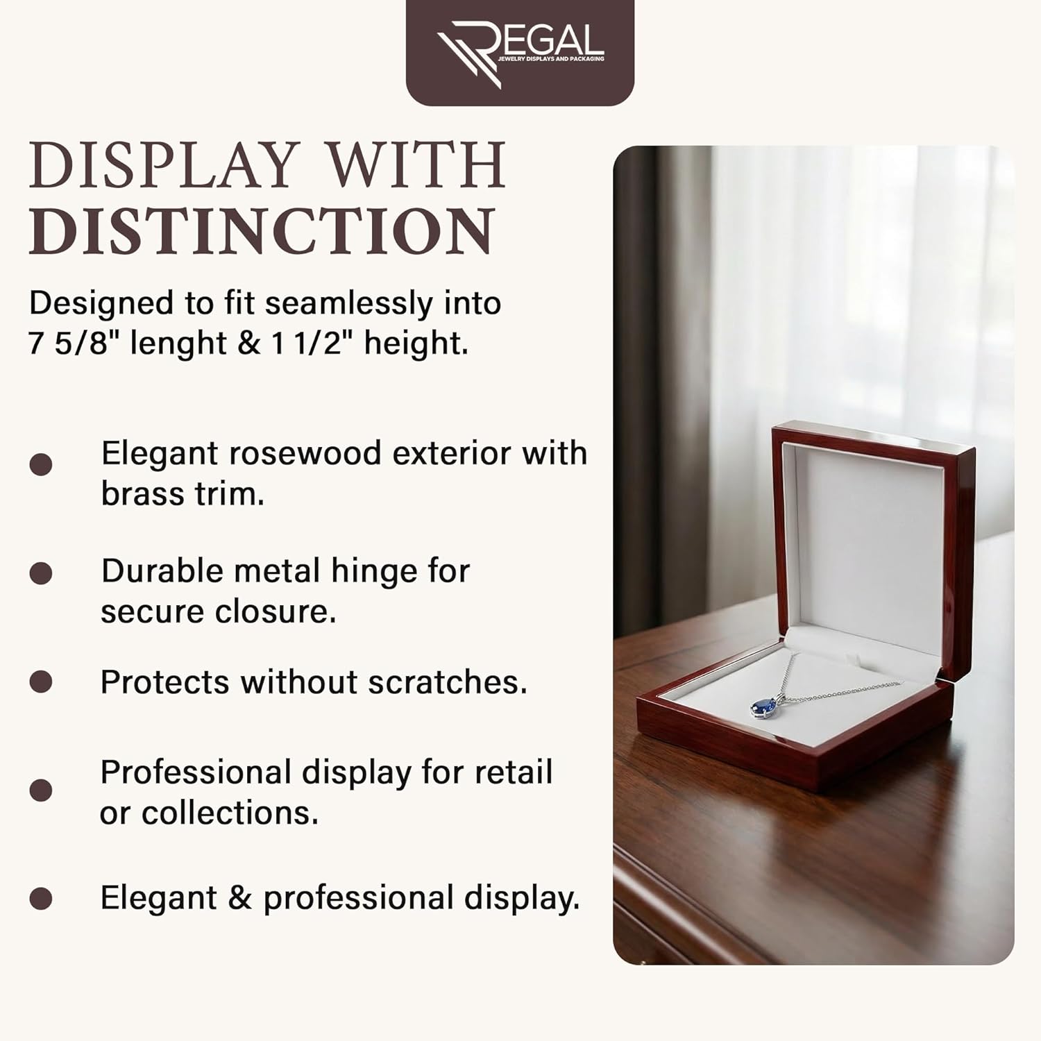 Regal Displays Elegant Rosewood Earring Pendant Necklace Box gift Premium Wooden Glossy with White Leather interior and Metal Hinge, Suitable for Proposal, Size (7 5/8" x 7 5/8" x 1 1/2") Inches