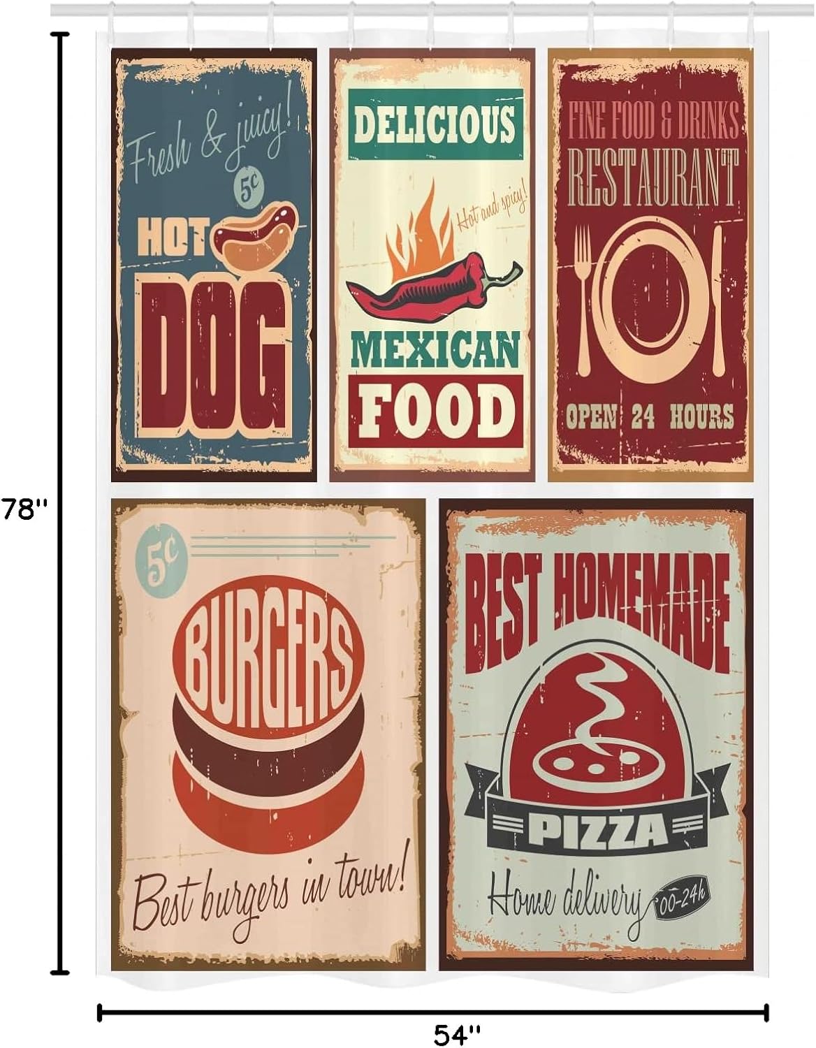 Ambesonne Retro Stall Shower Curtain, Nostalgic Tin Signs Mexican Food Prints Aged Advertising Logo Style Design, Fabric Bathroom Decor Set with Hooks, 54" W x 78" L, White Burgundy Multicolor