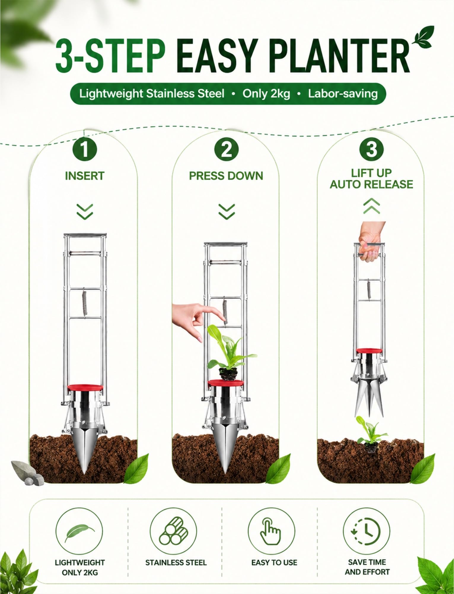Dispositif de transplantation à une seule main, perforateur de semis manuel à 3 ouvertures, for les travaux de déplacement des bulbes enfouis et des semis de légumes(7.6 cm/3 in,20 cm/7.9 in)