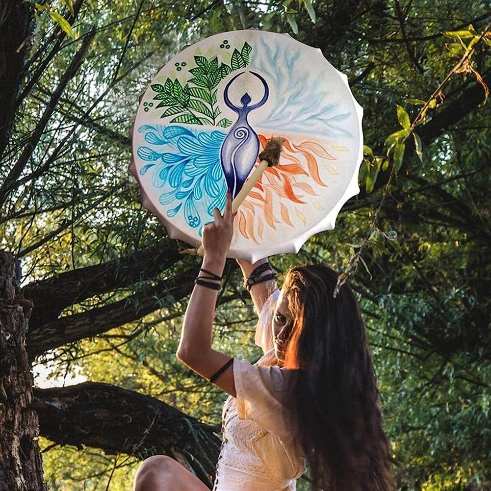 Trjgtas Tambor chamánico hecho a mano sonidos de la naturaleza sonido sanación tambor de 10 pulgadas