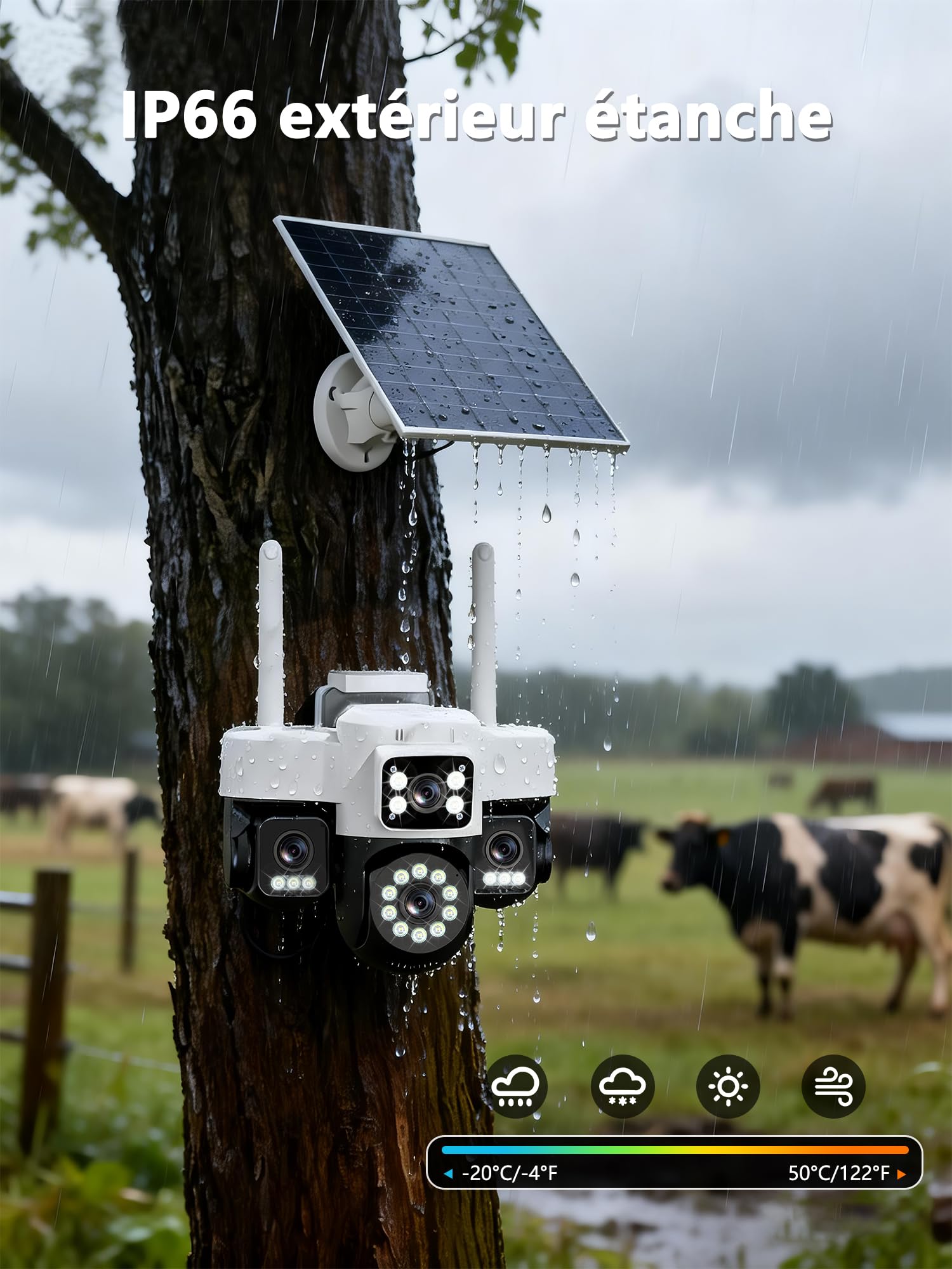 4G LTE - Telecamera di sorveglianza solare con scheda Sim,4 obiettivi, AOV 24/7,4K HD Telecamera esterna senza fili inclinabile a 355°/90°, Solare fotocamera+Batteria, visione notturna, rilevamento