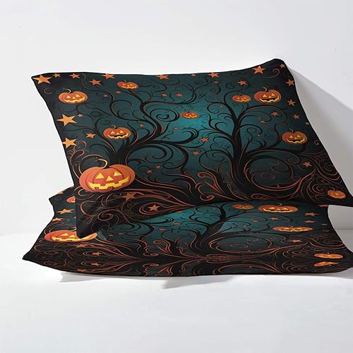 Miniatura 129 de Sábanas de Halloween tamaño individual – Juego de sábanas espeluznantes de calabaza murciélago para niños y niñas, juego de sábanas temáticas