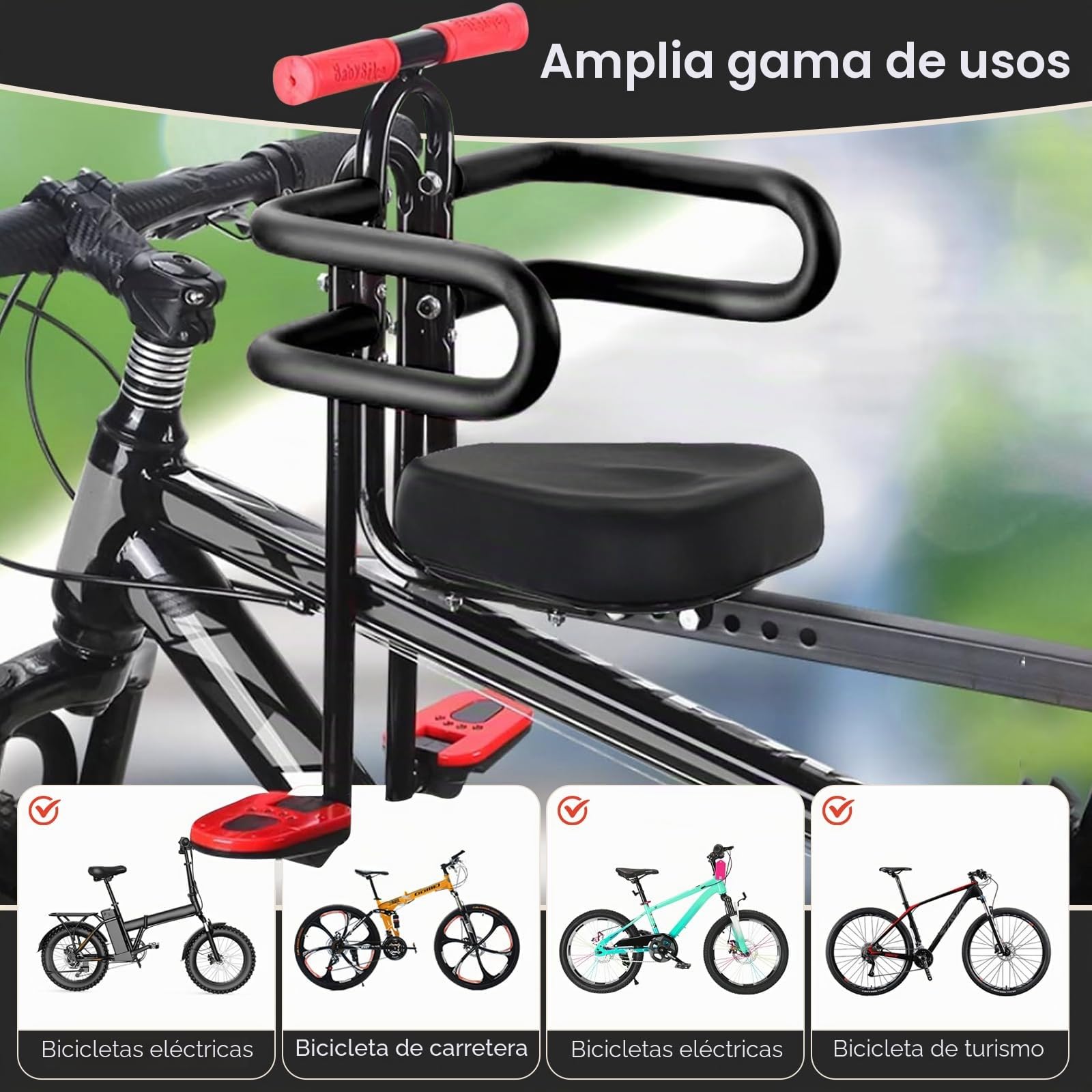 Asiento Delantero para Bicicleta Infantil, Silla Bicicleta Niño con Reposabrazos y Reposapiés, Compatible con Bicicletas de Montaña, Bicicletas Urbanas y Bicicletas Plegables