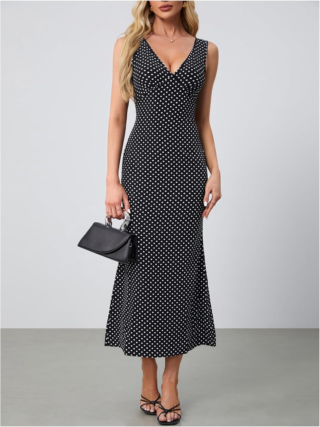 Women's Polka Dots Tie Back Dress Deep V Neck Sleeveless Maxi Going Out Dresses - Image 3