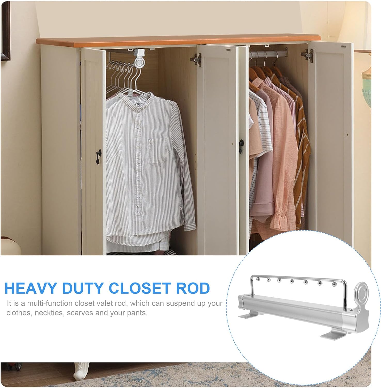 Extendable Dual Rail Closet Rod, Silver Finish Top Mounted Clothes Rack Organizer, Pull-out Wardrobe Clothing Rail for Bedroom and Storage Closets