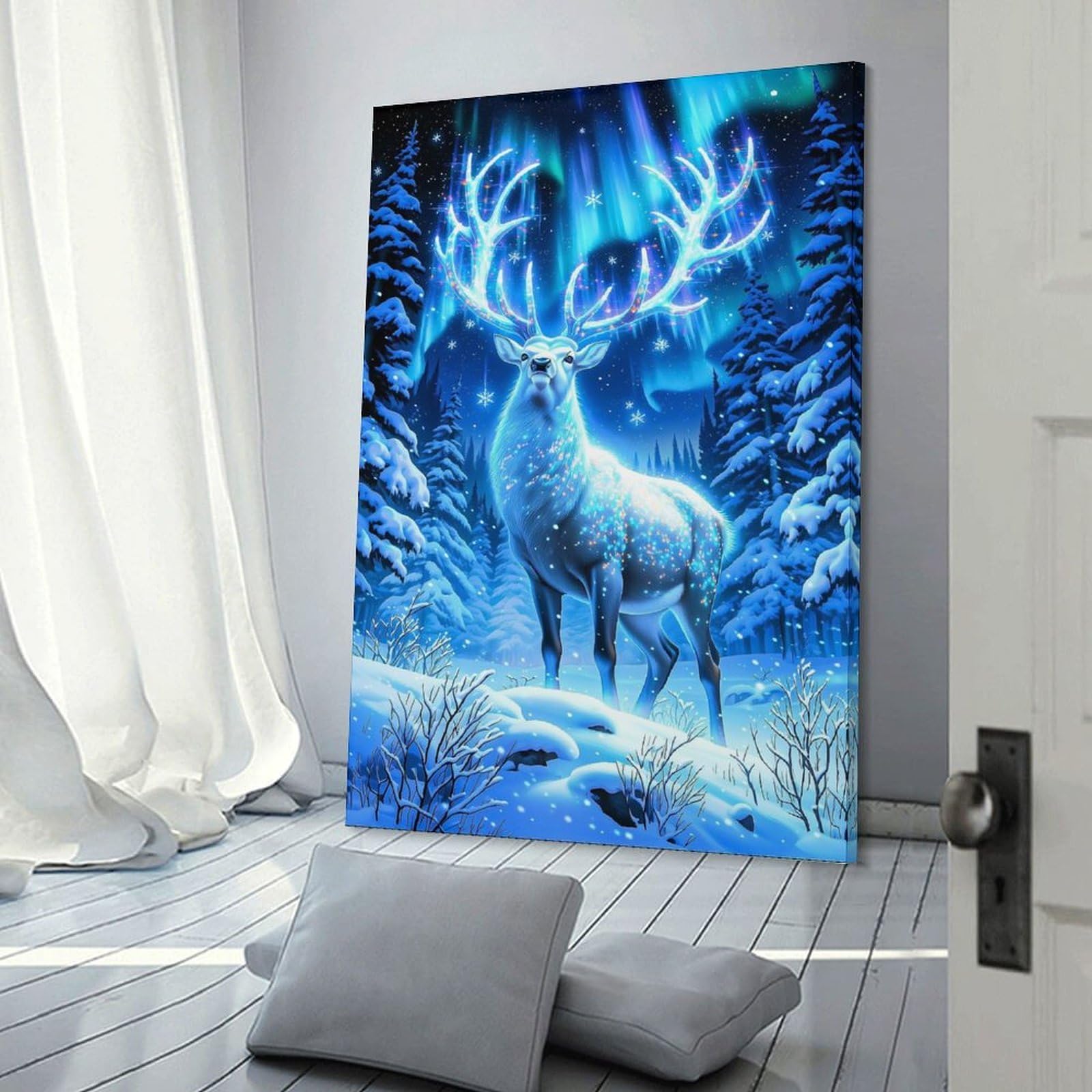 Junmoney Frame-Style-3 Decorative Wall Artwork Magical Reindeer Under Aurora Borealis, 20X30inch(50X75cm), For New Homes, Bedrooms Or Workspaces, Canvas Artwork With Gifting Potential