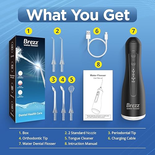 Miniatura 9 de Brezz Flosser dental de agua profesional para limpieza de dientes, 4 modos inalámbrico, recargable IPX 7 impermeable, tanque grande de 10.1 fl oz,