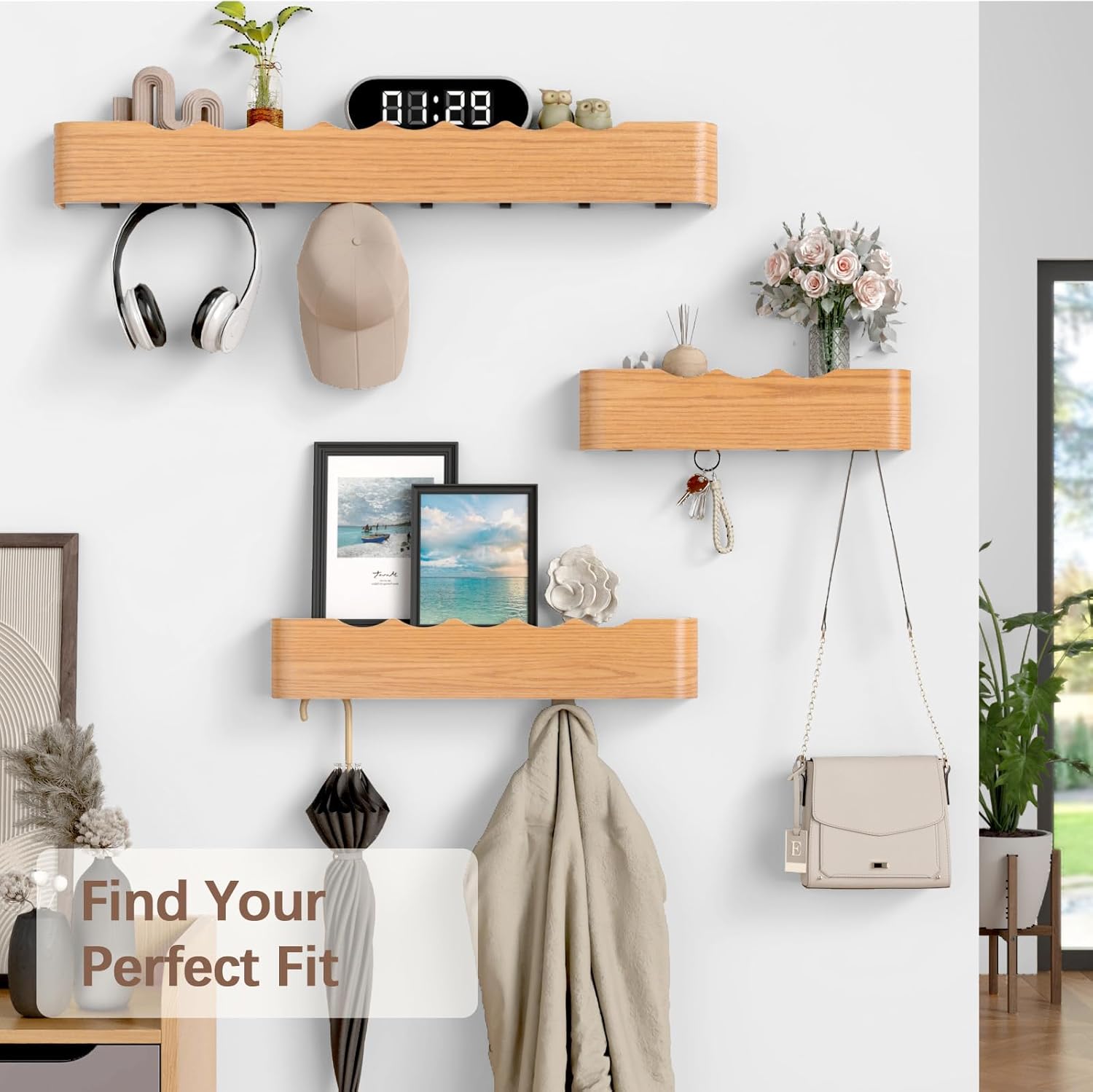 Coat Hook Wooden Wave Shaped 5 Hooks Key Holder Wall Mount for Entrance, Bathroom, Living Room & Bedroom (Beige, 5 Hooks)