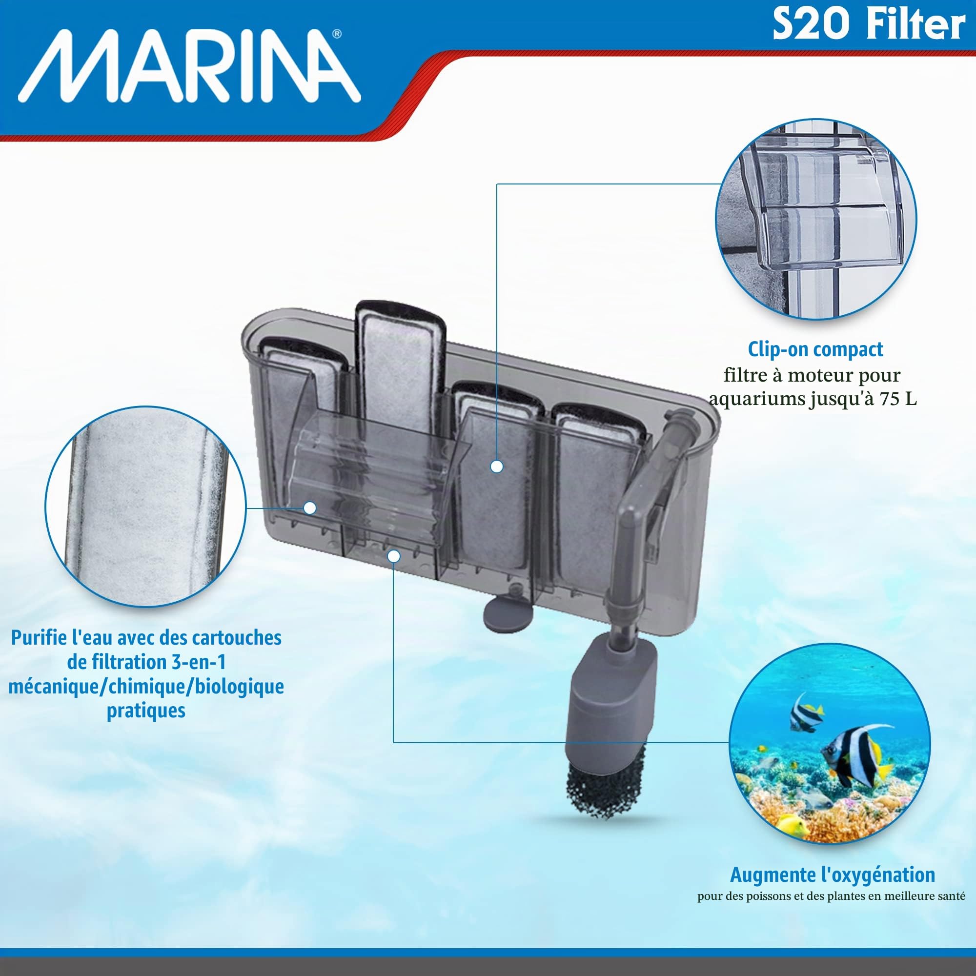 Marina Filtre d'Eau S20 Net pour Aquarium jusqu'à 75 L