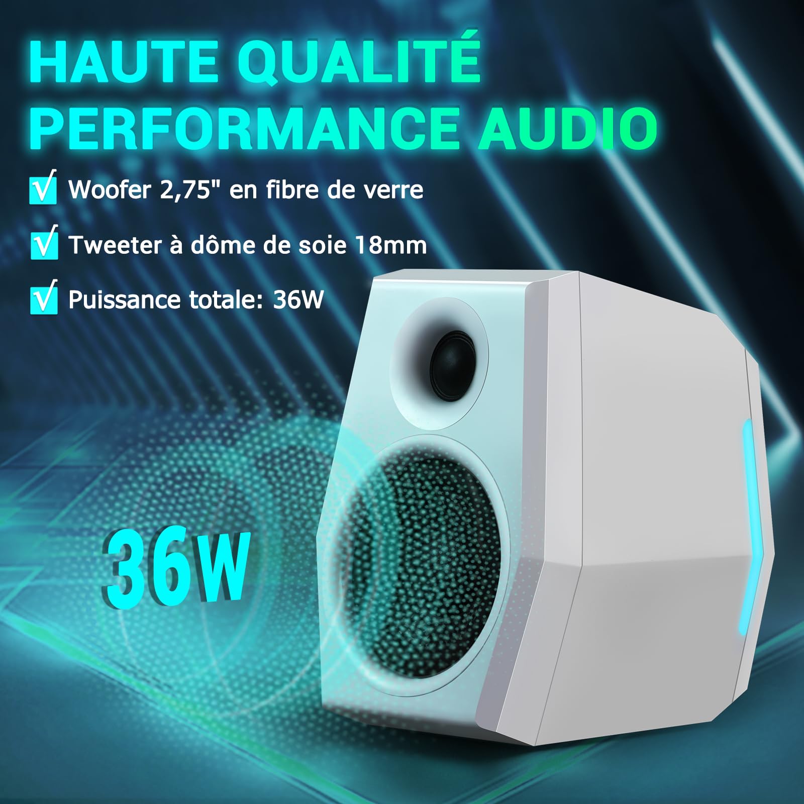 Sanyun SW209 Enceintes Gaming 2.0 36 W, Audio Tactique 3 Modes DSP | Modes Jeu/Film/Musique, DAC 24 bits, USB-C/Bluetooth 5.2/AUX, HP Fibre de Verre 7 cm + Dôme Soie 18 mm, RGB (Paire, Blanc)