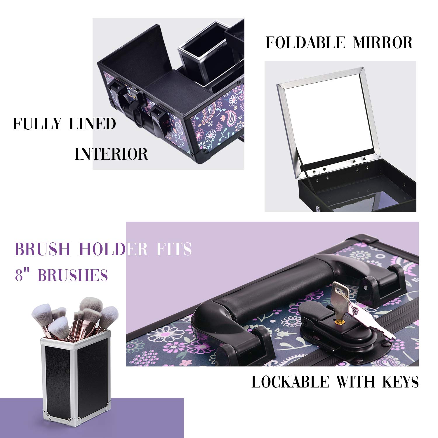Joligrace Makeup Train Case Cosmetic Organizer Box Lockable with 3 Trays and a Brush Holder Pattern Collection (Purple)