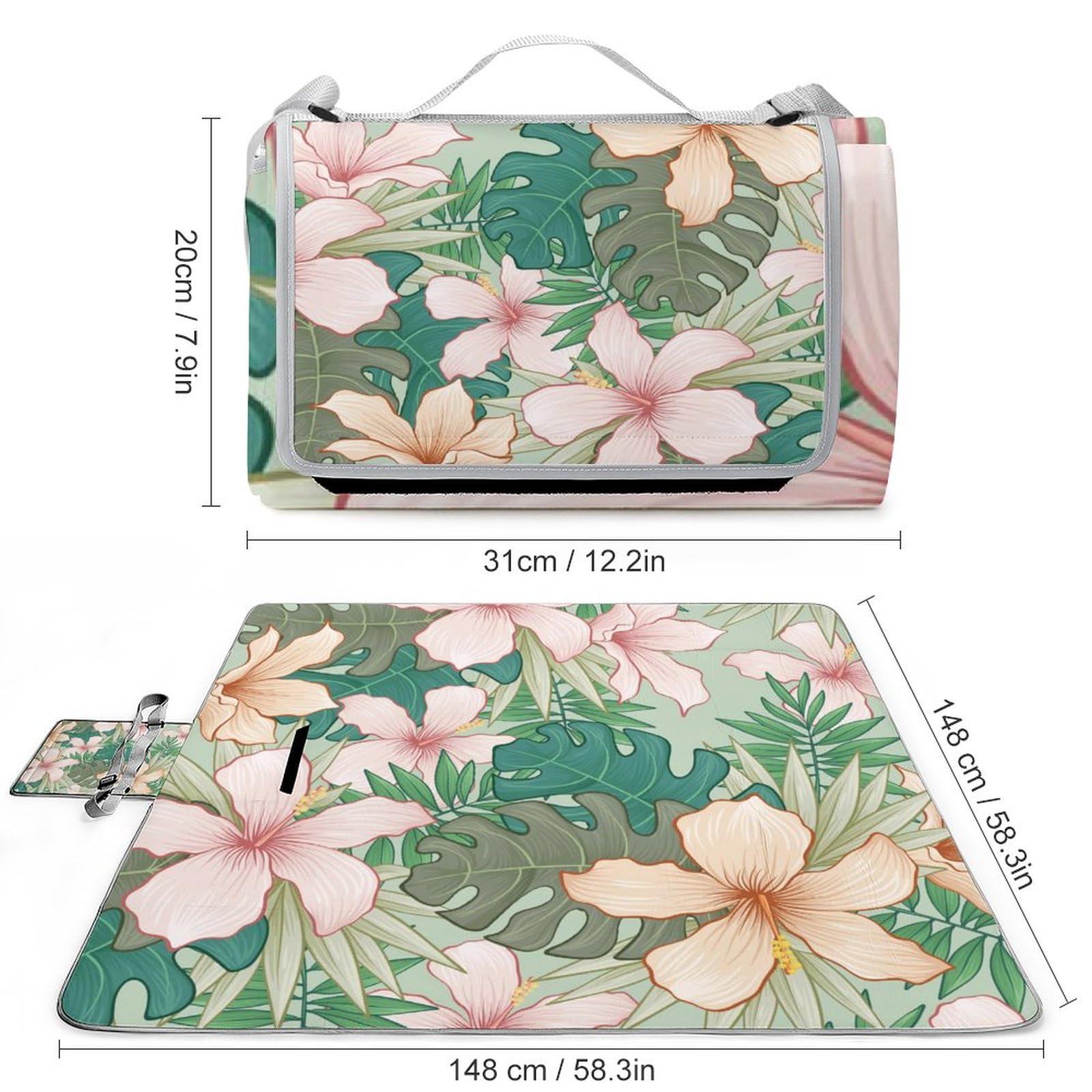 Tropical-Flowers-texture2 Picnic Blanket Waterproof Foldable, Large Outdoor Picnic Blanket Beach Blankets Camping Blanket Travel Mat, Shoulder Strap Tote, Rectangle 58x58in