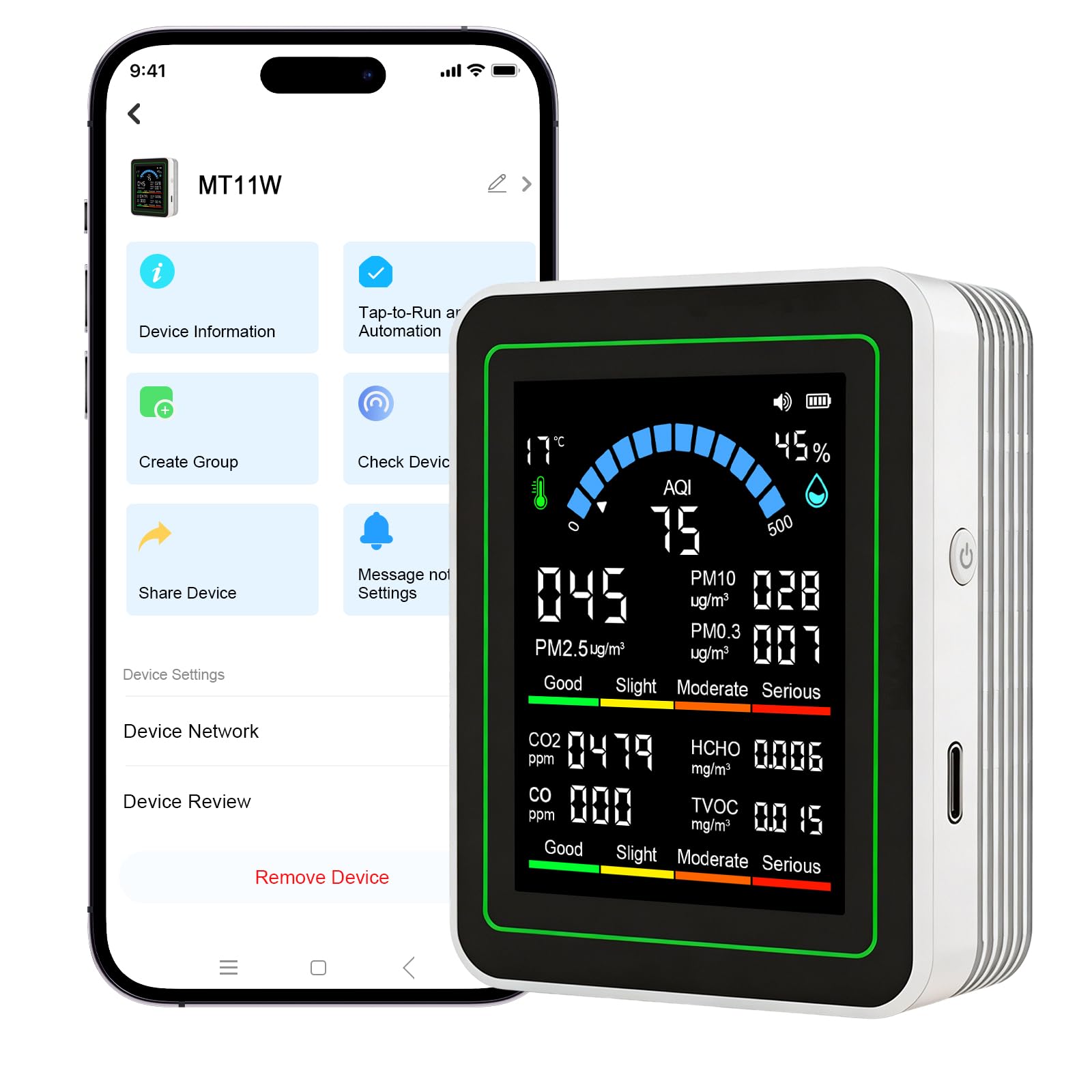 OBEST Moniteur de qualité de l'air, détecteur portable avec application pour mesurer PM2.5 / PM10 / PM0.3 / CO2 / CO/HCHO/TVOC/AQI/température et humidité, usine, bureau et intérieur