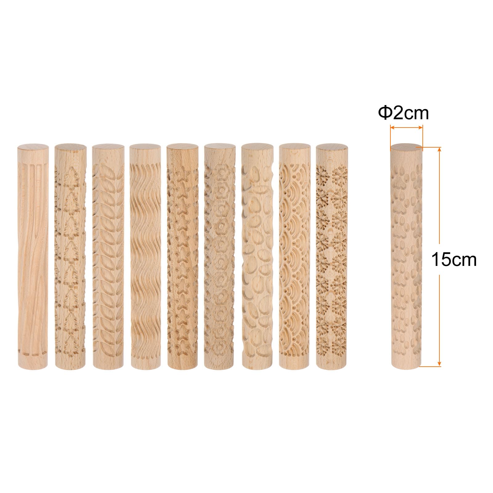 QUARKZMAN 10uds Madera Arcilla Rodillo Patrón Modelado 5.9 Pulgada Haya Madera Mano Rodillos Madera Cerámica Herramientas Madera Grano Textura Rodillos para Arcilla Hornear