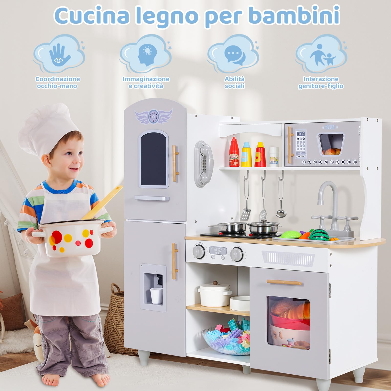 MAMIZO Cucina Bambini Legno, con Pentole e padelle, Telefono, Lavello, Fornelli, Macchina del Ghiaccio, Cucina Giocattolo per Bambini con Luci e Suoni, 79x82x30 cm, Grigio