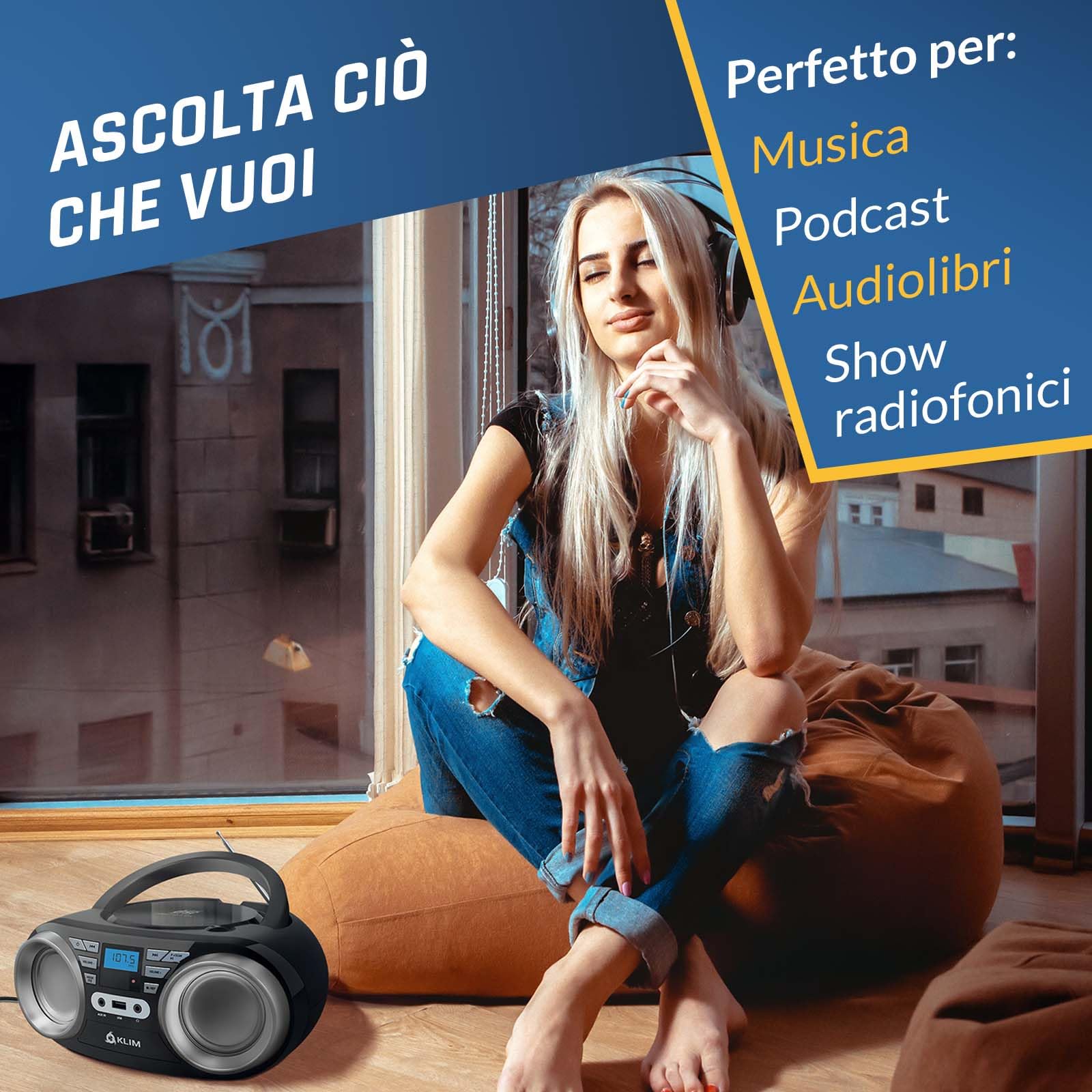 KLIM B3 Lettore CD Portatile Boombox Con Radio FM, Bluetooth, USB e AUX - Doppi Altoparlanti di Alta Qualità, Effetti Sonori EQ, 20 Stazioni Preimpostate, Compatto e Leggero
