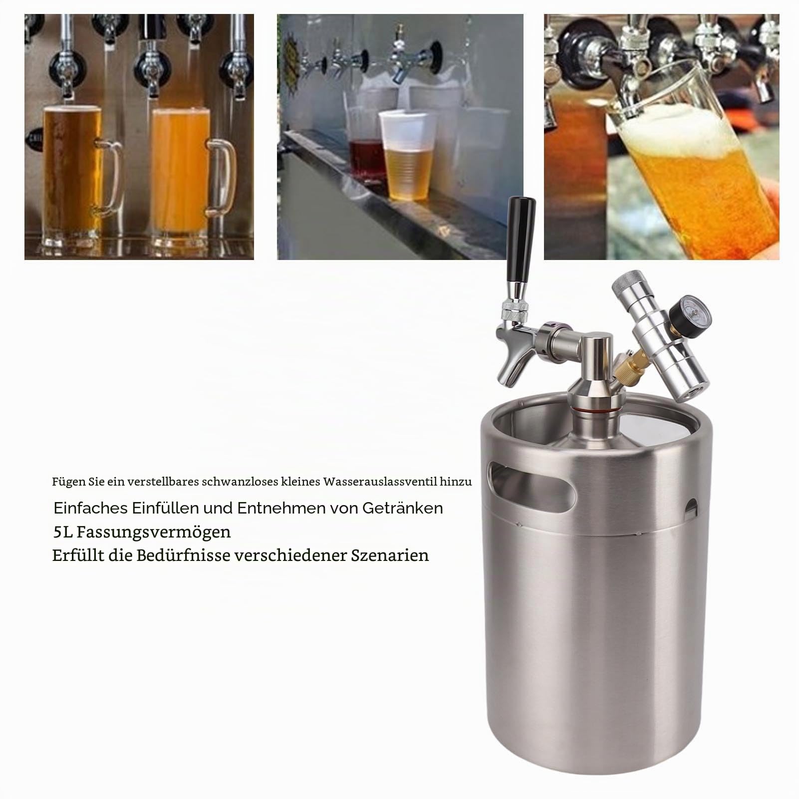 Mini Edelstahlfass 5L Bierzapfanlage Automatische Fass Growler mit Wasserhahn Bierausgabe 150PSI Manometer Heimfass Druckfass Kit
