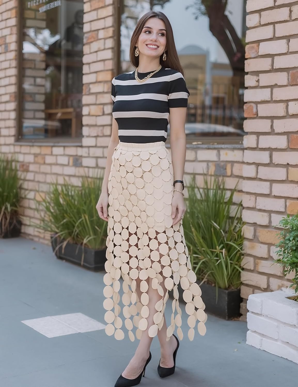 Flygo Womens Maxi Skirt 2025 Summer Boho Hollow Out Fringe Hem High Waisted Lace Long Skirts for Party Wedding Beach - Image 3