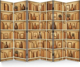 Large 6 Panels Vintage Folding Screen Room Divider Bookshelves Wooden Books Decorative Vases Soft Boho Divider for Room Separation Portable Privacy Partition Screen Indoor