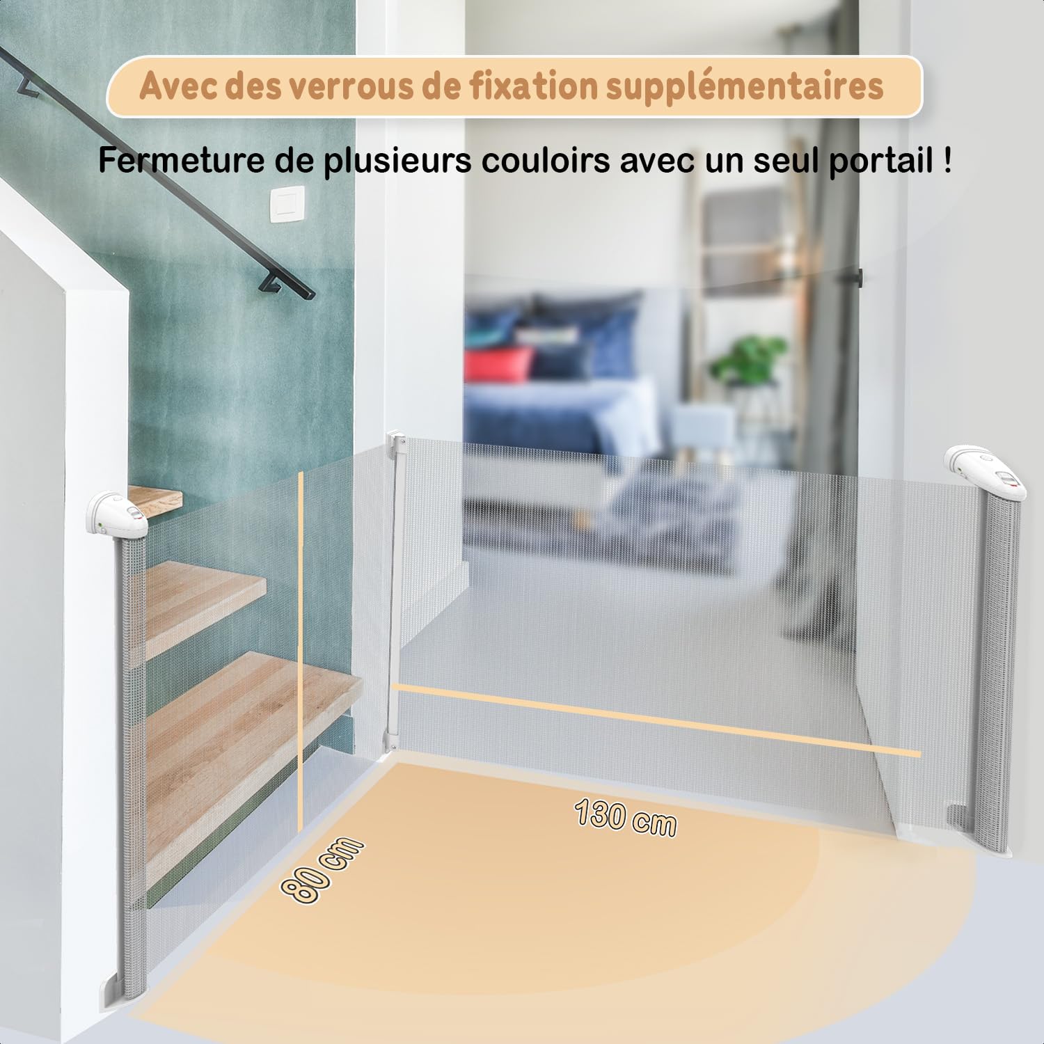 Twinky® Rollbares Treppenschutzgitter – 80x130 CM Long Rollbares Türschutzgitter – Strapazierfähiges Sicherheitsgitter für Baby und Haustier – Kindergitter Für Baby (White, 80x130 cm)