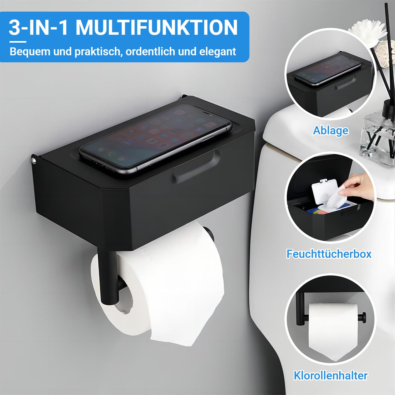 Beruyu Toilettenpapierhalter Ohne Bohren, Klopapierhalter mit Feuchttücherbox, Toilettenpapierhalter Schwarz mit Ablage, Edelstahl Klorollenhalter für Wc & Bad, Selbstklebend oder Bohren Baumarkt