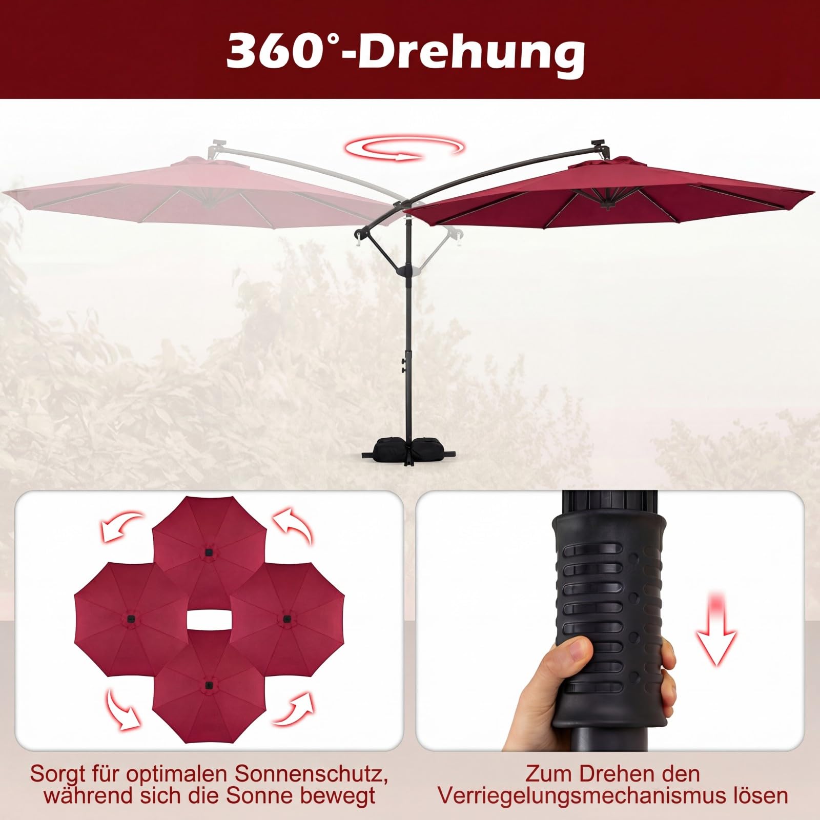 COSTWAY Sonnenschirm mit Ständer und LED-Leuchten, 300 cm Ampelschirm mit Kurbel, Gartenschirm, 360° drehbar, Marktschirm, Terrassenschirm für Garten, Terrasse, Pool (Weinrot)