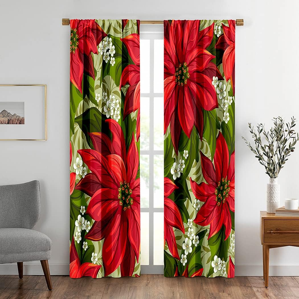 Christmas Poinsettia Flower Window Drapes Curtain Red Christmas Wonderful Victorian Pointsetta Rod Pocket Drapes Curtain for Living Room Home Decor 21x63 Inches 2 Panels