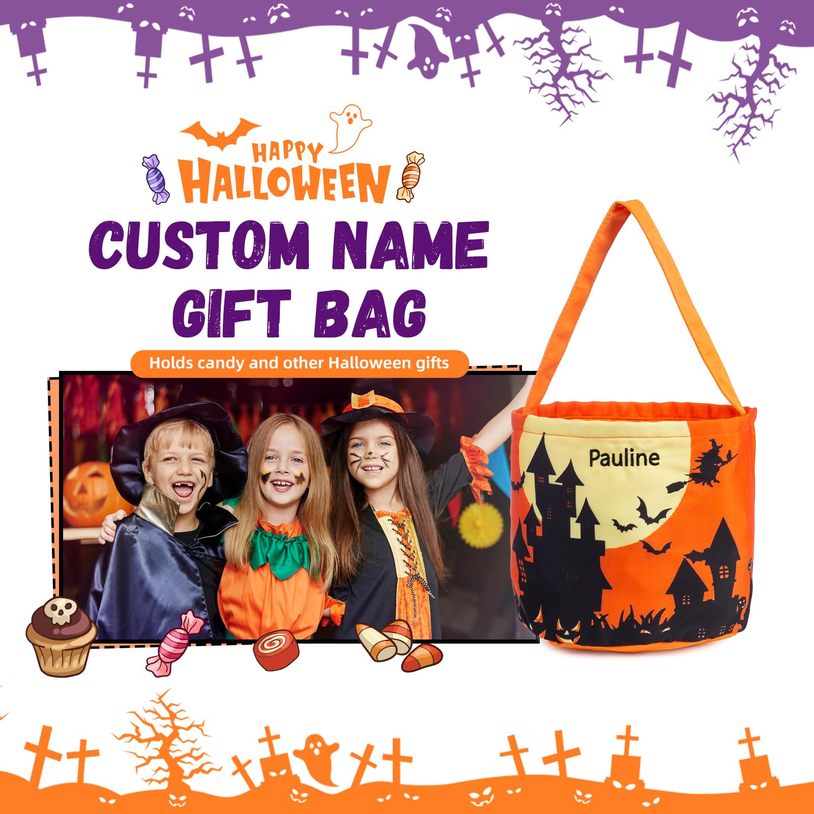 OPALSTOCK Halloween Baskets Trick or Treat Halloween Candy Bags Personalized Name Handles Bag for Kids Pumpkin Candy Bags for Halloween Party (Style 6)