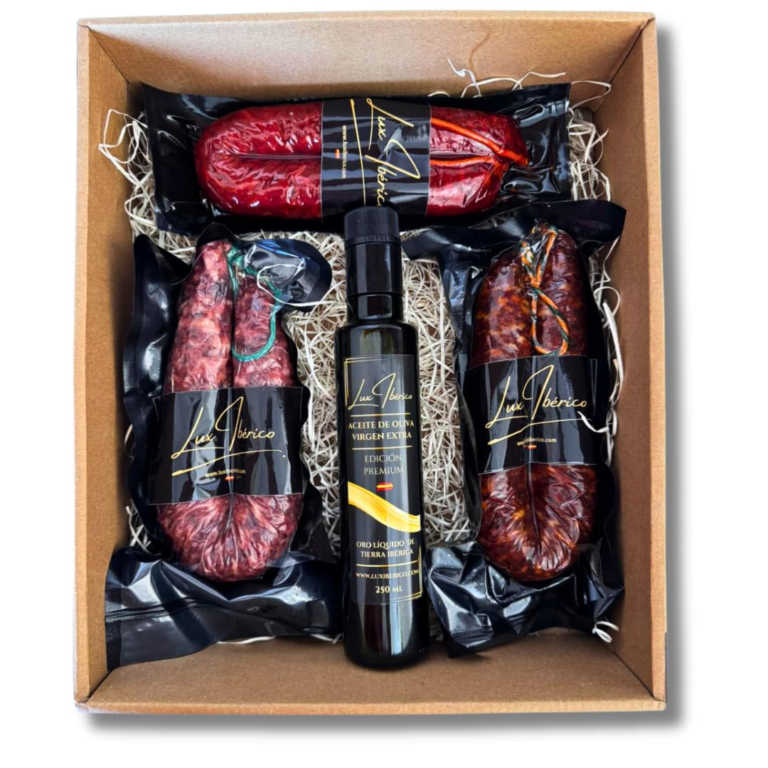 Cesta de Embutidos "Guadiana" - Chorizo, Salchichón y Aceite de Oliva | Chorizo y salchichón extremeño, chorizo patatero y aceite de oliva virgen extra. Lote extremeño listo para regalar.
