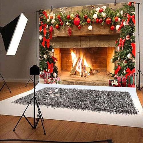 Miniatura 6 de Lofaris Telón de fondo de chimenea de Navidad de 9 x 6 pies, diseño vintage de árbol de fuego, medias rojas, regalos de fondo de fotografía de