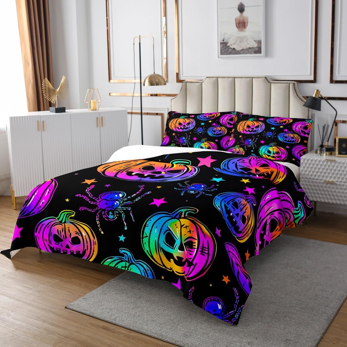 Erosebridal Rainbow Pumpkin Lantern Quilt Set Aesthetic Spiderwebs Halloween Spider Web Bedspread Set Glitter Stars Galaxy Coverlet Set Twin,Cobwebs Gothic Psychedelic Halloween Pumpkin Decorations