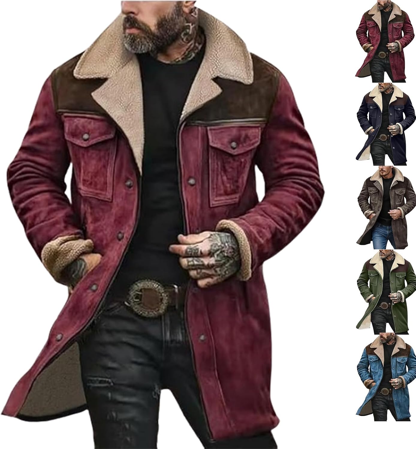 Western Jackets for Men,men's vintage suede long casual coat,Plush Collar Coats Faux Leather Zip Up Casual